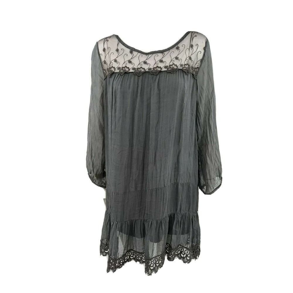 Prontomoda Giusy Dress Size Small Grey Dropped Waist Silk And Lace Made Italy‎
